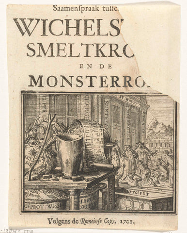 Title page for the pamphlet: Saamenspraak between Dowsstok, Smeltkroes en de Monsterrol, 1701, Romeyn de Hooghe, 1701 Canvas Print