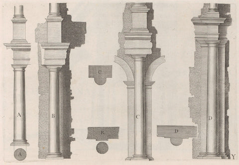 Four ways to place a column of the Tuscan order against a wall, Hendrick Hondius (I), 1620 Canvas Print