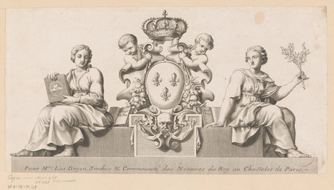 Coat of arms of the notaries of the Châtelet in Paris with personifications of the Good Faith and the Law, anonymous, Claude Mellan, in or after 1664 Canvas Print