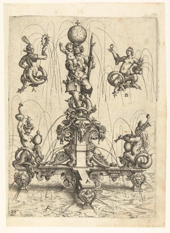 Fountain with a pedestal on which Christophorus stands, Wendel Dietterlin (I), 1560 - 1598 Canvas Print