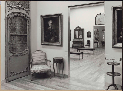 Room with panelling, paintings and furniture with a view through to rooms with furniture and a doll's house, 1962 Canvas Print