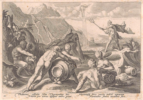 Neptune orders the river gods to cause a flood, Hendrick Goltzius (workshop or), 1589 Canvas Print