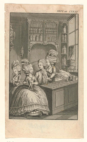 Interior shop 18th century, with three women and a man behind the counter, anonymous, c. 1772 - c. 1777 Canvas Print