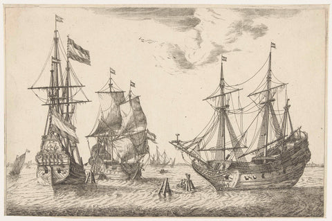 Three moored sailing ships, anonymous, 1650 - 1714 Canvas Print