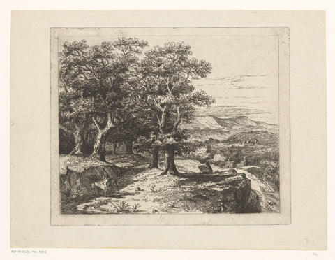 Drawing figure and a rider in hilly landscape, Hector Allemand, 1839 Canvas Print