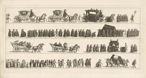 Six different ways of burial, ca. 1750, Simon Fokke, 1776 Canvas Print