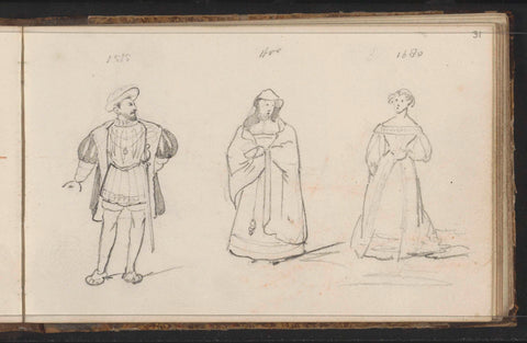 Man and two women in historical costume from the period 1515-1680, Willem Hendrik Schmidt, 1819 - 1849 Canvas Print