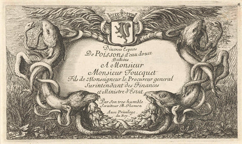 Cartouche with fish and water hoses, Albert Flamen, 1664 Canvas Print