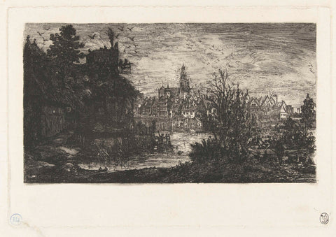 Landscape with a town on a river and a farm on the bank, Rodolphe Bresdin, 1865 Canvas Print