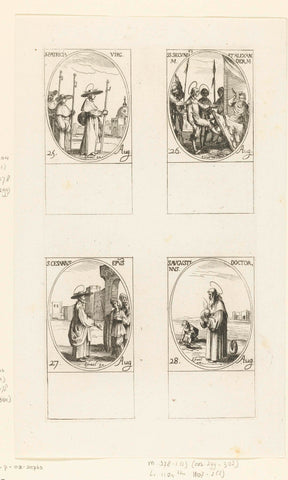 Saint Patricia of Naples, Saint Secundus and Saint Alexander of Bergamo, Saint Caesarius of Arles, Saint Augustine of Hippo (August 25-28), Jacques Callot, 1632 - 1636 Canvas Print