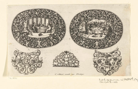 Two oval lids for boxes and three handles for bowls, Anthonie de Winter (possibly), after 1668 - before 1709 Canvas Print