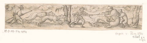 Bear hunt with two hunters and four dogs, anonymous, 1524 - 1612 Canvas Print