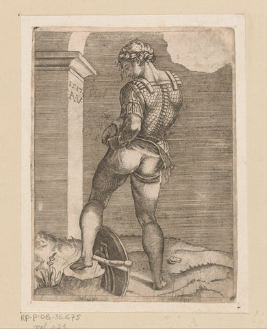 Soldier attaching his trousers to his kuras, Agostino Veneziano, 1517 Canvas Print