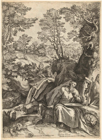 Landscape with H. Hieronymus translating the Bible, Cornelis Cort, 1573 Canvas Print