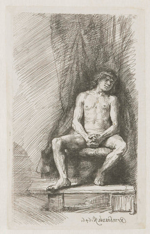 Nude man seated before a curtain, Rembrandt van Rijn, 1646 Canvas Print