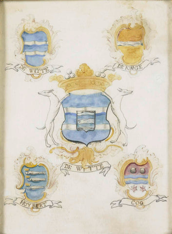 The coat of arms of Jacob de Witte, father of Laurens Jacobsz de Witte, with the arms of his four grandparents, anonymous, 1750 - 1799 Canvas Print