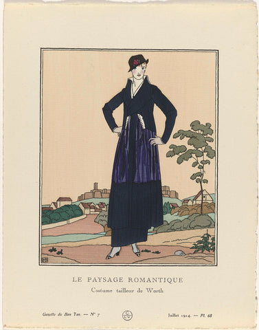 Gazette du Bon Ton, 1914 - No. 7, Pl. 68: Le paysage romantique / Costume suit tailleur de Worth, Bernard Boutet de Monvel, 1914 Canvas Print