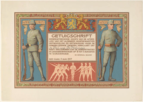 Certificate of participation by Sergeant N. Molenaar in the demonstrations and physical exercises, 8-11 August 1917, Lambert Jansen, 1917 Canvas Print