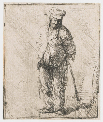 Ragged peasant with his hands behind him, holding a stick, Rembrandt van Rijn, c. 1630 Canvas Print