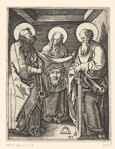 Heilige Veronica met zweetdoek (sudarium) staand tussen heiligen Petrus en Paulus, Marcantonio Raimondi, 1510 - 1515 Canvas Print