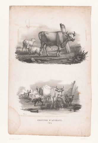 Bull with two sheep and cattle at a watering hole, Joseph Louis Leborne, 1828 - 1829 Canvas Print