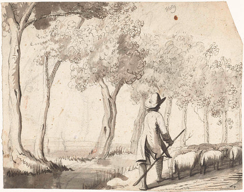 Shepherd and his flock walking on a path past trees, Harmen ter Borch, 1651 Canvas Print