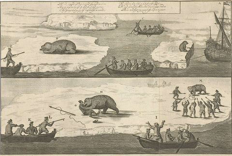 Hunting for a polar bear / polar bear attacks man, Jan Luyken, 1684 Canvas Print