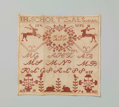 Cotton sampler on which with red silk IH. SCHOLTZ. IF. DAS, various other initials, jumping deer, flower pots and rabbits, ANNO 1874, Johanna Hendrika Scholtz, 1874 Canvas Print