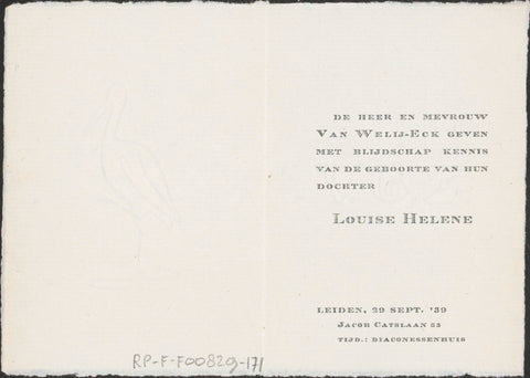 Birth card of Louise Helene, daughter of Mr and Mrs Van Welij-Eck, anonymous, c. 1939 Canvas Print