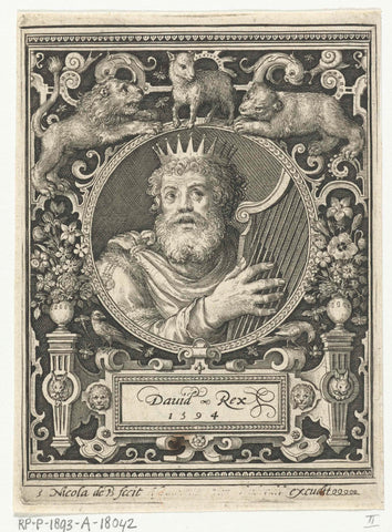 Portrait of King David in medallion inside rectangular frame with ornaments, Nicolaes de Bruyn, 1594 Canvas Print