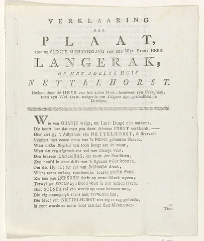 Verklaring van de prent van de mistshandeling van de pastor Langerak, 1784, D. de Vries (attributed to), 1784 Canvas Print