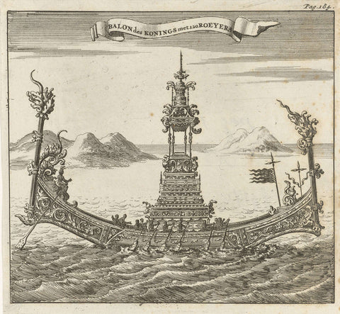 Royal vessel with 120 rowers at Siam (Thailand), Jan Luyken, 1687 Canvas Print