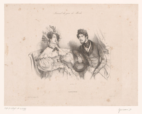 Husband and wife talk to each other on a couch, Paul Gavarni, 1834 Canvas Print