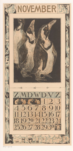 Calendar sheet November with three penguins, Theo van Hoytema, 1905 Canvas Print