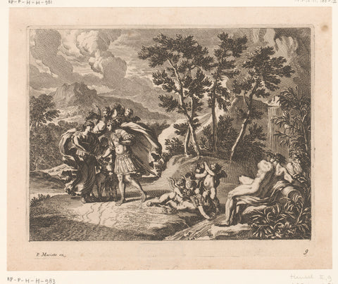 Procris gives Cephalus a hunting dog and a spear, Jean Lepautre, 1628 - 1682 Canvas Print