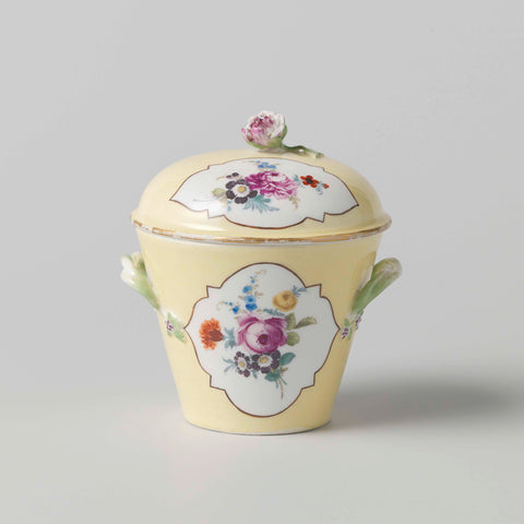 Sugar bowl lid, multicolored painted with Deutsche Blumen in recessed four-passes in a yellow ground, Meissener Porzellan Manufaktur, c. 1765 Canvas Print