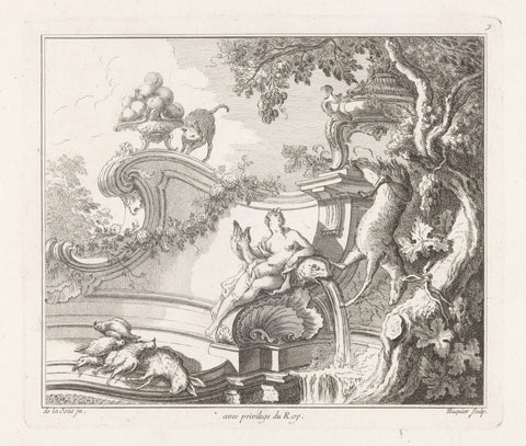 Fountain with woman and hunting booty, Gabriel Huquier, 1705 - 1761 Canvas Print