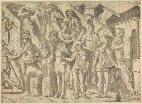 Roman soldiers, Marco Dente (attributed to), 1498 - 1532 Canvas Print