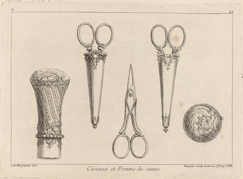 Three scissors and two buttons for a walking stick, Gabriel Huquier, Juste Aurèle Meissonnier, 1738 - 1749 Canvas Print