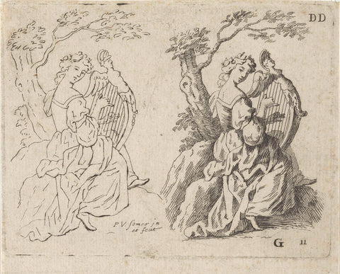 Study sheet. Woman Playing Harp, Paul van Somer (II), 1670 - 1697 Canvas Print