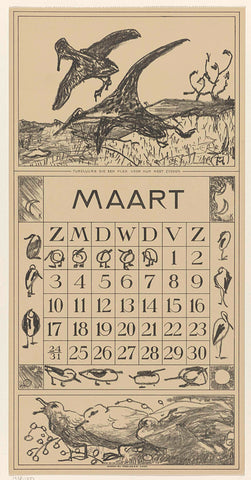 Calendar sheet March with redshank, Theo van Hoytema, 1917 Canvas Print