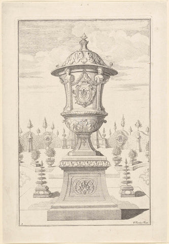 Garden vase with monogram on pedestal with monogram, Gerrit Visscher, 1690 - 1710 Canvas Print