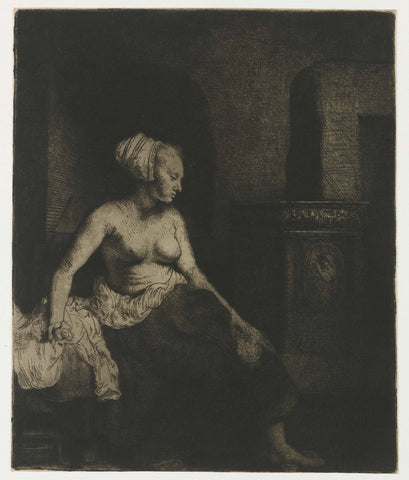 Woman Sitting Half Dressed beside a Stove, Rembrandt van Rijn, 1658 Canvas Print