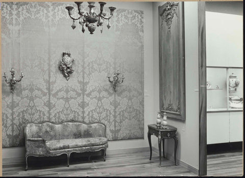 Room with panelling, furniture including a sofa, candlesticks, wall decoration and a clockwork, 1962 Canvas Print