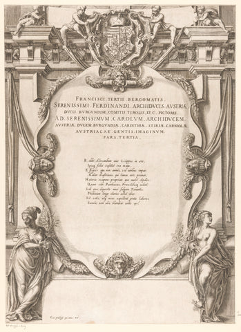 Title print with text, allegorical figures, coat of arms, garlands, ornament heads and putti, Gaspare Oselli, 1569 Canvas Print