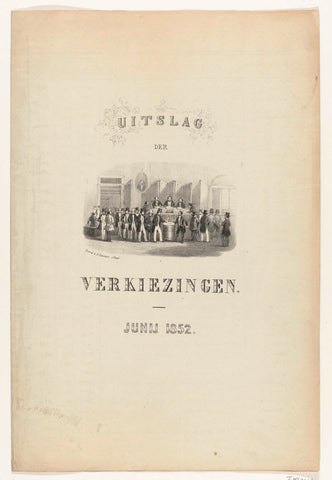 Sheet with a table with the results of the elections of 1852; on the front a polling station, Elias Spanier, 1852 Canvas Print