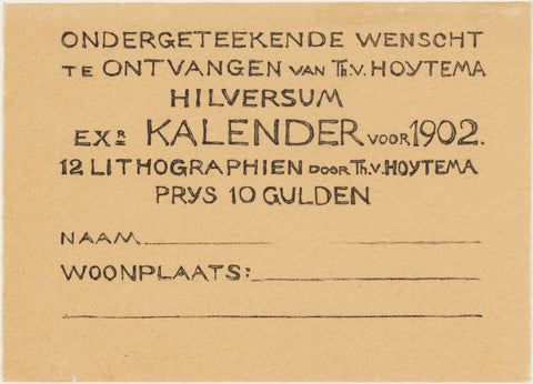 Order card for calendar 1902, Theo van Hoytema, 1878 - 1901 Canvas Print