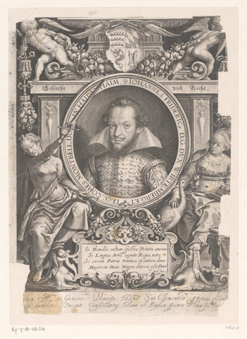 Portrait of Johann Friedrich von Württemberg in decorative frame with the personifications Justice (Justitia) and Chastity (Castitas), Jacob van der Heyden, 1592 - 1628 Canvas Print