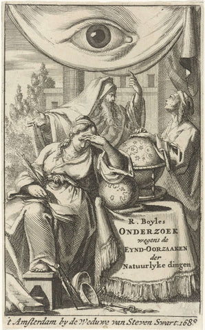 Philosophy writes while leaning on a globe in a book, Jan Luyken, 1688 Canvas Print