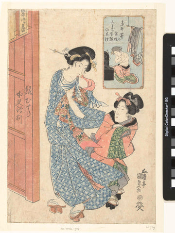 Two women at the entrance of a bathhouse, Kunisada (I) , Utagawa, 1825 - 1830 Canvas Print